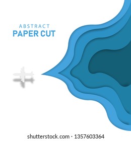 Paper cut plane. Travel abctract background. Tourism offer. Airplane flying. EPS 10