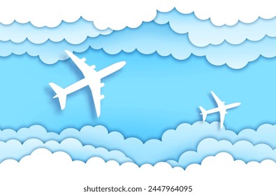 Papierschnittebenen in Himmelswolken, Draufsicht. Flugzeuge fliegen in blauer Himmel Vektorgrafik Banner mit 3D Papercut geschichtete Ränder von welligen weißen Wolken. Luft-, Flugzeug- und Luftfahrtkonzept mit Ausschnittflugzeugen