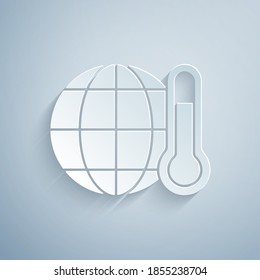 Paper cut Planet earth melting to global warming icon isolated on grey background. Ecological problems and solutions - thermometer. Paper art style. Vector.