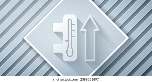 Paper cut Planet earth melting to global warming icon isolated on grey background. Ecological problems and solutions - thermometer. Paper art style. Vector