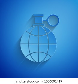 Paper cut Planet earth and a recycling icon isolated on blue background. Environmental concept. Paper art style. Vector Illustration