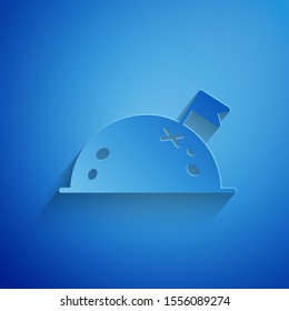Paper cut Planet with flag icon isolated on blue background. Paper art style. Vector Illustration