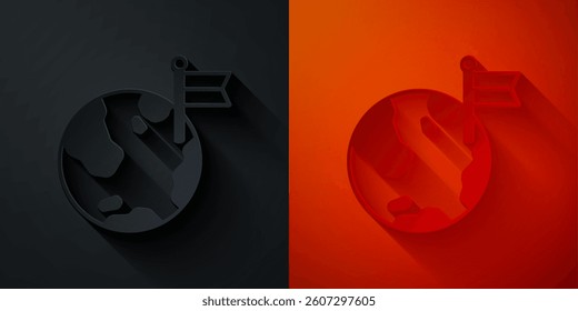 Paper cut Planet with flag icon isolated on black and red background. Victory, winning and conquer adversity concept. Paper art style. Vector