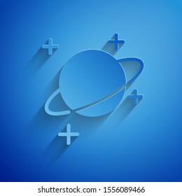 Paper cut Planet icon isolated on blue background. Paper art style. Vector Illustration