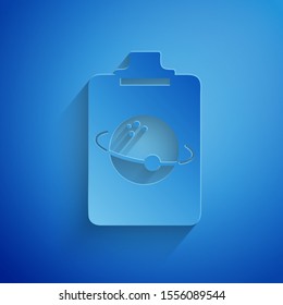Paper cut Planet icon isolated on blue background. Paper art style. Vector Illustration