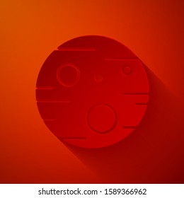 Paper cut Planet Mars icon isolated on red background. Paper art style. Vector Illustration