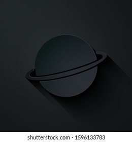 Paper cut Planet Saturn with planetary ring system icon isolated on black background. Paper art style. Vector Illustration