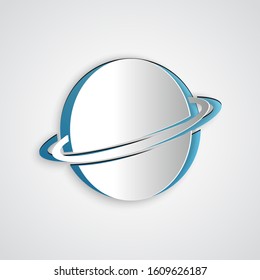 Paper cut Planet Saturn with planetary ring system icon isolated on grey background. Paper art style. Vector Illustration