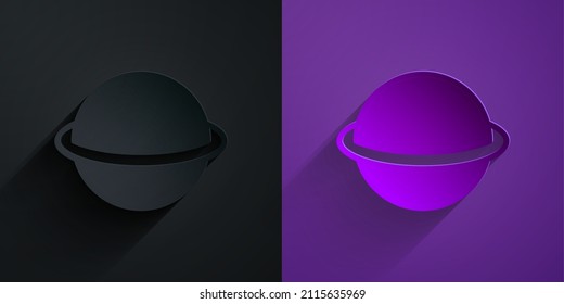 Papier geschnitten Planet Saturn mit planetarischem Ringsystem Symbol einzeln auf schwarz auf violettem Hintergrund. Kunststil aus Papier. Vektorgrafik