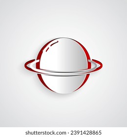 Paper cut Planet Saturn with planetary ring system icon isolated on grey background. Paper art style. Vector