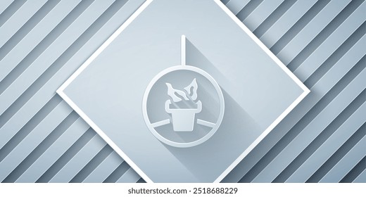 Planta de corte de papel en el icono de olla colgante aislado sobre fondo gris. Perchas decorativas hechas a mano del macramé para la maceta, cuelgan las plantas interiores. Estilo de arte de papel. Vector