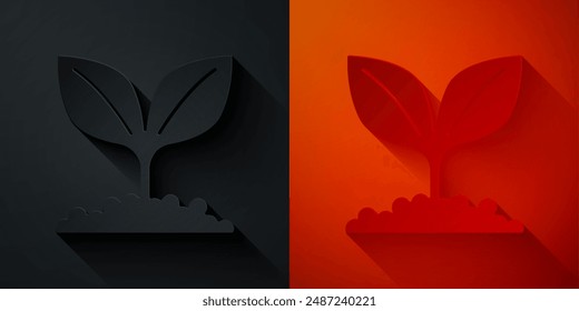 Paper cut Plant icon isolated on black and red background. Seed and seedling. Leaves sign. Leaf nature. Paper art style. Vector