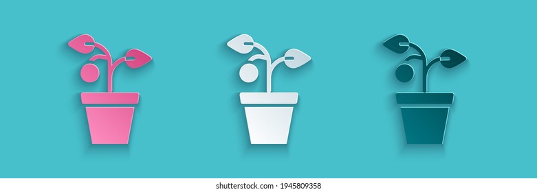 Paper cut Plant in pot icon isolated on blue background. Plant growing in a pot. Potted plant sign. Paper art style. Vector