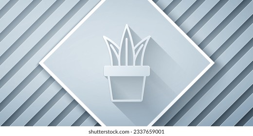 Paper cut Plant in pot icon isolated on grey background. Plant growing in a pot. Potted plant sign. Paper art style. Vector