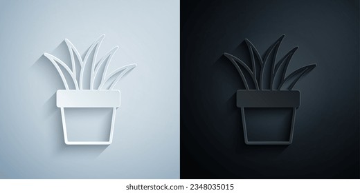 Paper cut Plant in pot icon isolated on grey and black background. Plant growing in a pot. Potted plant sign. Paper art style. Vector