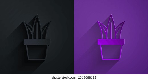 Paper cut Plant in pot icon isolated on black on purple background. Plant growing in a pot. Potted plant sign. Paper art style. Vector
