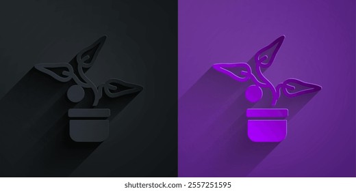 Paper cut Plant in pot icon isolated on black on purple background. Plant growing in a pot. Potted plant sign. Paper art style. Vector