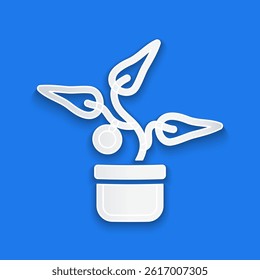 Paper cut Plant in pot icon isolated on blue background. Plant growing in a pot. Potted plant sign. Paper art style. Vector