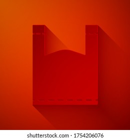 Paper cut Plastic bag icon isolated on red background. Disposable cellophane and polythene package prohibition sign. Paper art style. Vector Illustration