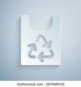 Paper cut Plastic bag with recycle icon isolated on grey background. Bag with recycling symbol. Paper art style. Vector.
