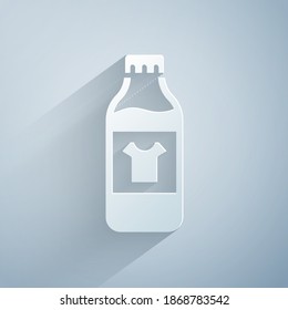 Paper cut Plastic bottle for laundry detergent, bleach, dishwashing liquid or another cleaning agent icon isolated on grey background. Paper art style. Vector