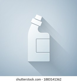 Paper cut Plastic bottle for laundry detergent, bleach, dishwashing liquid or another cleaning agent icon isolated on grey background. Paper art style. Vector