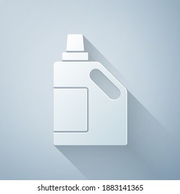 Paper cut Plastic bottle for laundry detergent, bleach, dishwashing liquid or another cleaning agent icon isolated on grey background. Paper art style. Vector