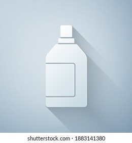 Paper cut Plastic bottle for laundry detergent, bleach, dishwashing liquid or another cleaning agent icon isolated on grey background. Paper art style. Vector