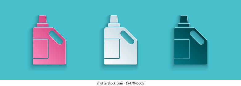 Paper cut Plastic bottle for laundry detergent, bleach, dishwashing liquid or another cleaning agent icon isolated on blue background. Paper art style. Vector