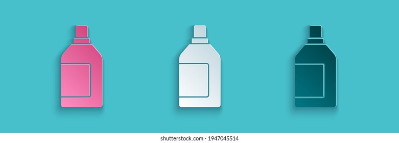 Paper cut Plastic bottle for laundry detergent, bleach, dishwashing liquid or another cleaning agent icon isolated on blue background. Paper art style. Vector