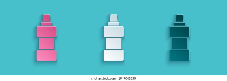 Paper cut Plastic bottle for laundry detergent, bleach, dishwashing liquid or another cleaning agent icon isolated on blue background. Paper art style. Vector
