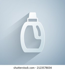 Paper cut Plastic bottle for laundry detergent, bleach, dishwashing liquid or another cleaning agent icon isolated on grey background. Paper art style. Vector