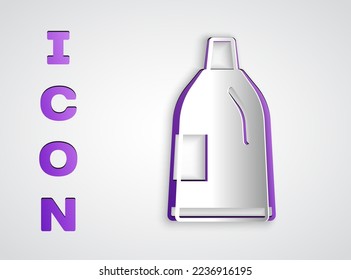 Paper cut Plastic bottle for laundry detergent, bleach, dishwashing liquid or another cleaning agent icon isolated on grey background. Paper art style. Vector