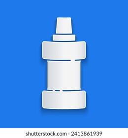 Paper cut Plastic bottle for laundry detergent, bleach, dishwashing liquid or another cleaning agent icon isolated on blue background. Paper art style. Vector