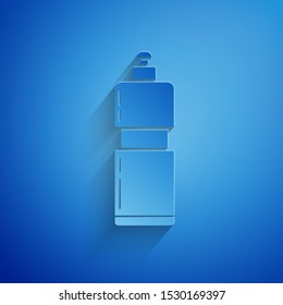 Paper cut Plastic bottle for liquid laundry detergent, bleach, dishwashing liquid or another cleaning agent icon isolated on blue background. Paper art style. Vector Illustration