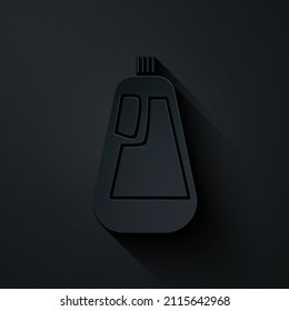 Papierschnitt Plastikflasche für Flüssigwaschmittel, Bleichmittel, Geschirrspülsymbol einzeln auf schwarzem Hintergrund. Kunststil aus Papier. Vektorgrafik