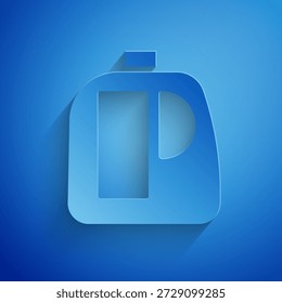 Paper cut Plastic bottles for laundry detergent, bleach, dishwashing liquid or another cleaning agent icon isolated on blue background. Paper art style. Vector Illustration