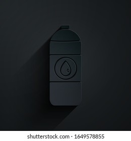 Paper cut Plastic canister for motor machine oil icon isolated on black background. Oil gallon. Oil change service and repair. Paper art style. Vector Illustration