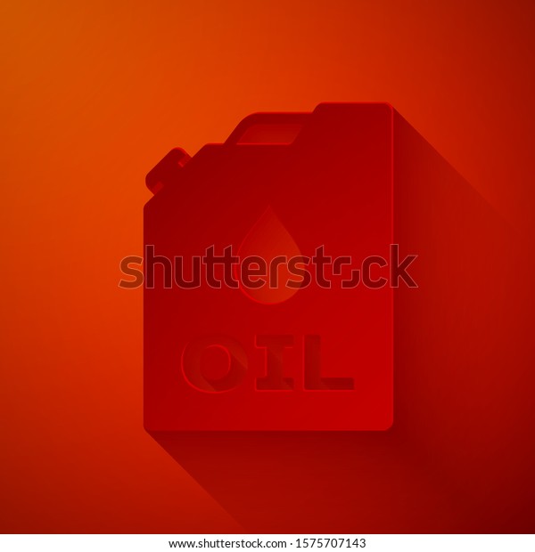Paper cut\
Plastic canister for motor machine oil icon isolated on red\
background. Oil gallon. Oil change service and repair. Engine oil\
sign. Paper art style. Vector\
Illustration