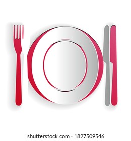 Paper cut Plate, fork and knife icon isolated on white background. Cutlery symbol. Restaurant sign. Paper art style. Vector.