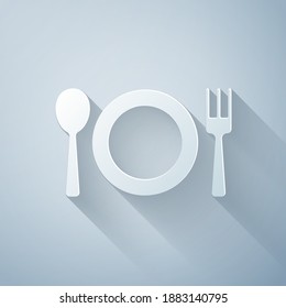 Paper cut Plate, fork and knife icon isolated on grey background. Cutlery symbol. Restaurant sign. Paper art style. Vector