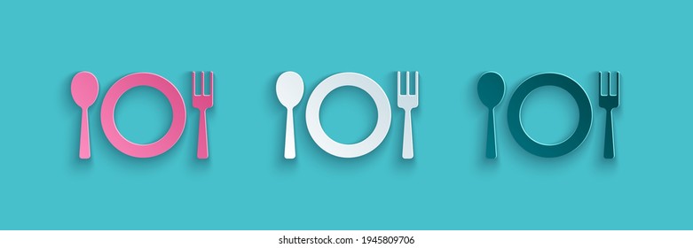 Corte de papel Placa, horquilla e icono de cuchillo aislado en fondo azul. Símbolo de cubiertos. Señal de restaurante. Estilo de arte de papel. Vector