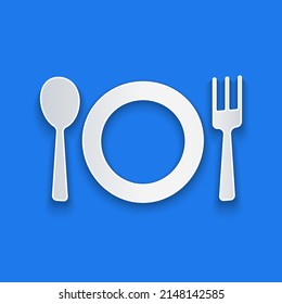 Paper cut Plate, fork and knife icon isolated on blue background. Cutlery symbol. Restaurant sign. Paper art style. Vector