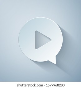Paper cut Play in circle icon isolated on grey background. Paper art style. Vector Illustration