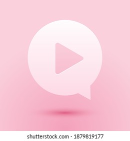 Paper cut Play in circle icon isolated on pink background. Paper art style. Vector.