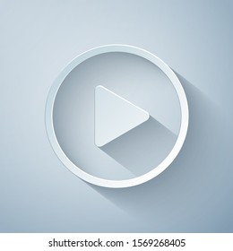 Paper cut Play icon isolated on grey background. Paper art style. Vector Illustration