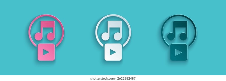 Paper cut Play in square icon isolated on blue background. Paper art style. Vector
