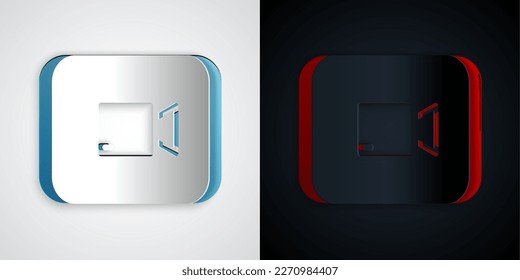 Paper cut Play video button icon isolated on grey and black background. Film strip sign. Paper art style. Vector