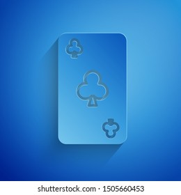 Paper cut Playing card with clubs symbol icon isolated on blue background. Casino gambling. Paper art style. Vector Illustration