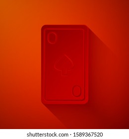 Paper cut Playing card with diamonds symbol icon isolated on red background. Casino gambling. Paper art style. Vector Illustration